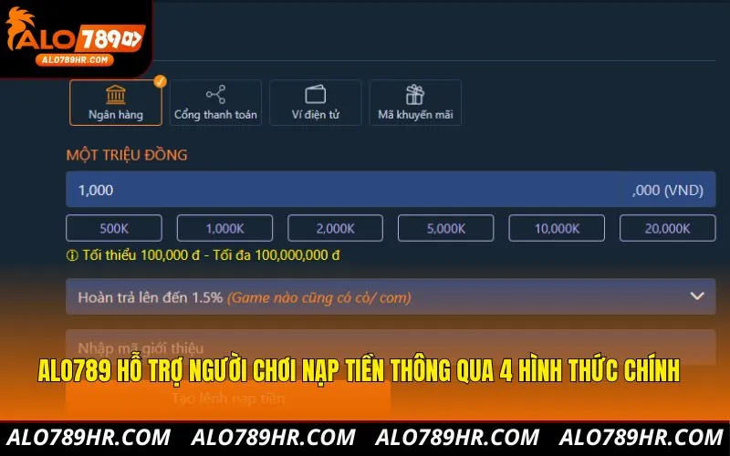 ALO789 hỗ trợ người chơi nạp tiền thông qua 4 hình thức chính